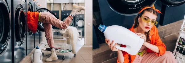 Collage of woman in sunglasses holding bottle with detergent near washing machines in laundromat — Stock Photo