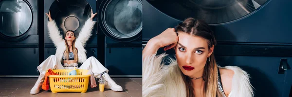 Collage of young woman in faux fur jacket sitting with hands above head and looking at camera in laundromat — Stock Photo