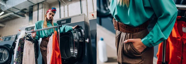 Collage of young and stylish woman in turban standing with hand in pocket near clothing and washing machines in modern laundromat — Stock Photo