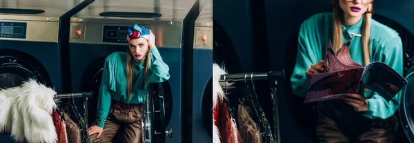 Collage of young and stylish woman in turban holding magazine in laundromat — Stock Photo