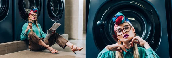 Collage of trendy woman in glasses and turban holding paper cup and newspaper in laundromat — Stock Photo