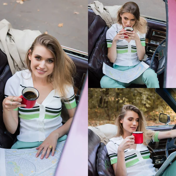 Collage de femme souriante tenant carte et tasse de café en voiture — Photo de stock