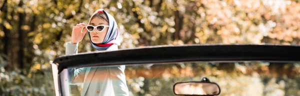 Mujer con estilo de pie cerca de coche al aire libre, pancarta - foto de stock