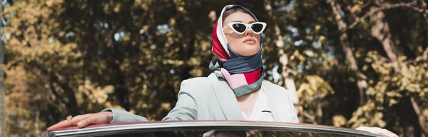 Mujer elegante de pie cerca de auto al aire libre, pancarta - foto de stock