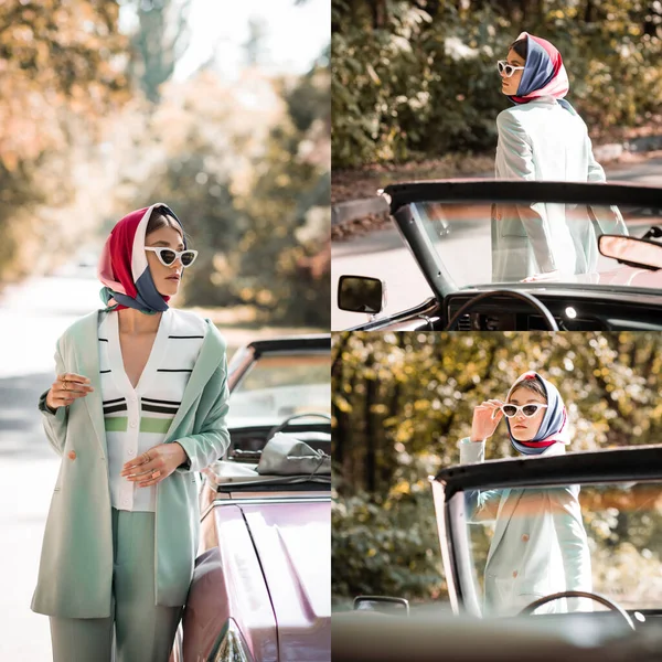 Collage of young fashionable woman in headscarf and coat touching sunglasses while standing near vintage cabriolet — Stock Photo