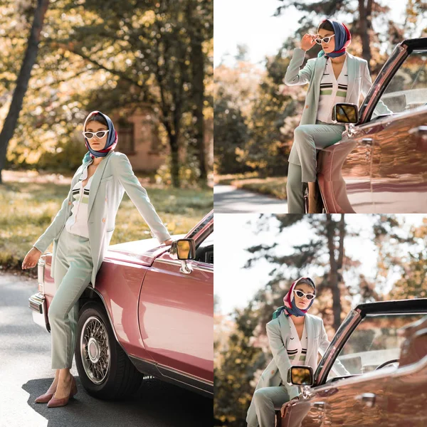 Collage of trendy woman in kerchief and coat touching sunglasses near luxury cabriolet — Stock Photo
