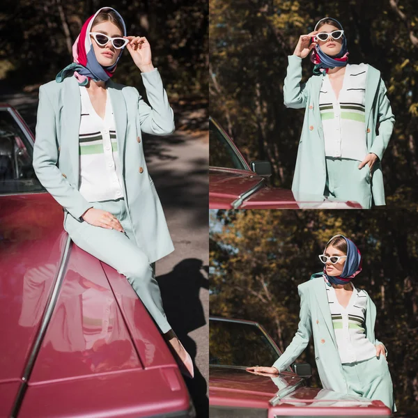 Collage de femme à la mode en foulard et manteau touchant des lunettes de soleil et tenant la main dans la poche près de cabriolet — Photo de stock