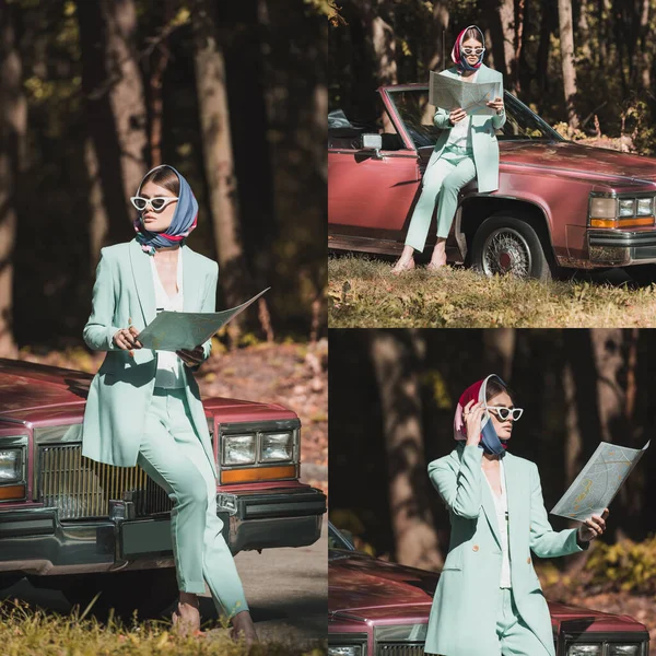 Collage einer modischen Frau mit Landkarte, die in der Nähe eines Cabrios im Wald steht — Stockfoto