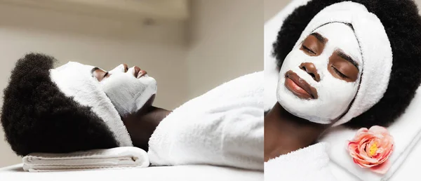 Colagem de mulher afro-americana com cabeça branca e máscara facial deitada na mesa de massagem no salão de spa, banner — Fotografia de Stock