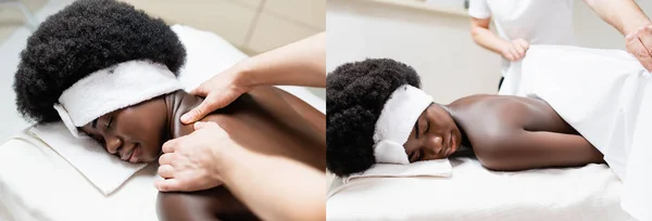 Collage de masajista masajeando a mujer afroamericana, cubriendo con sábana en salón de spa, pancarta - foto de stock