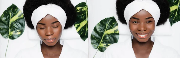 Collage de mujer afroamericana en diadema blanca y albornoz tirado cerca de hojas verdes en el salón de spa, pancarta - foto de stock