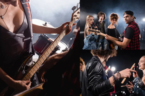 KYIV, UKRAINE - AGOSTO 25, 2020: Colagem de músicos olhando para a câmera, baterista segurando a baqueta, mulher tocando guitarra elétrica perto do kit de bateria — Fotografia de Stock