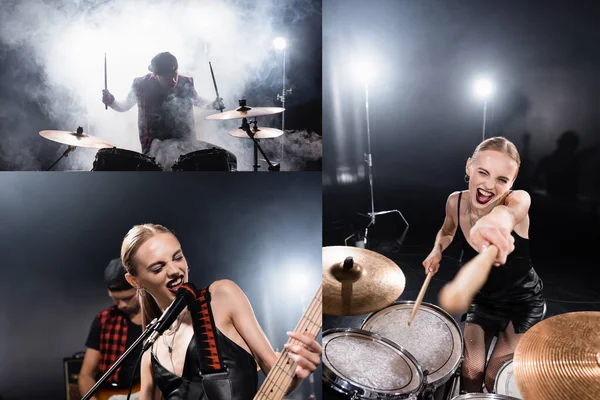Collage de mujer rubia señalando con palos de batería, cantando, mientras toca la guitarra y el batería sentado en el kit de batería - foto de stock