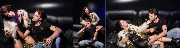 Collage di donna seducente ad occhi chiusi, guardando il fidanzato, seduto sul divano dietro l'uomo, mentre i coriandoli cadono in discoteca, striscione — Foto stock
