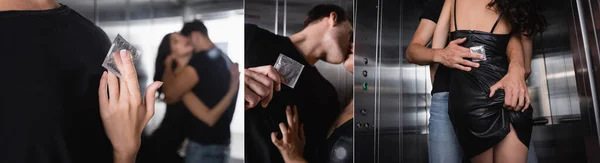 Collage de pareja apasionada abrazándose y besándose, mientras sostiene el condón en el ascensor - foto de stock