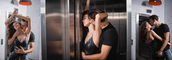 Collage of passionate man standing behind seductive brunette woman, kissing and embracing near elevator, banner — Stock Photo