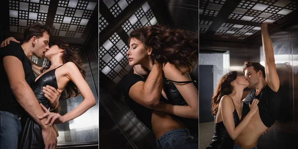 Collage di sensuale bruna donna baciare, abbracciare e spogliarsi uomo in t-shirt nera in ascensore — Foto stock