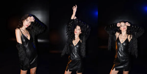 Collage de mujer rizada sensual posando, usando chaqueta y vestido de cuero en negro - foto de stock