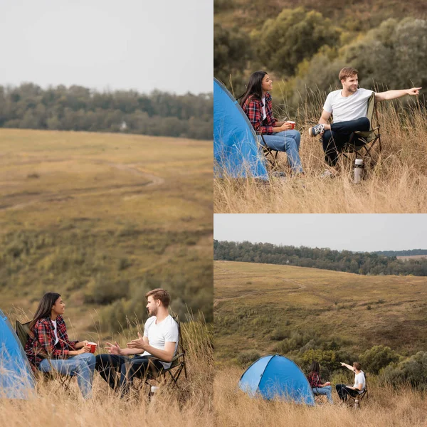 Collage of smiling interracial couple with cup sitting near tent during trip — Stock Photo