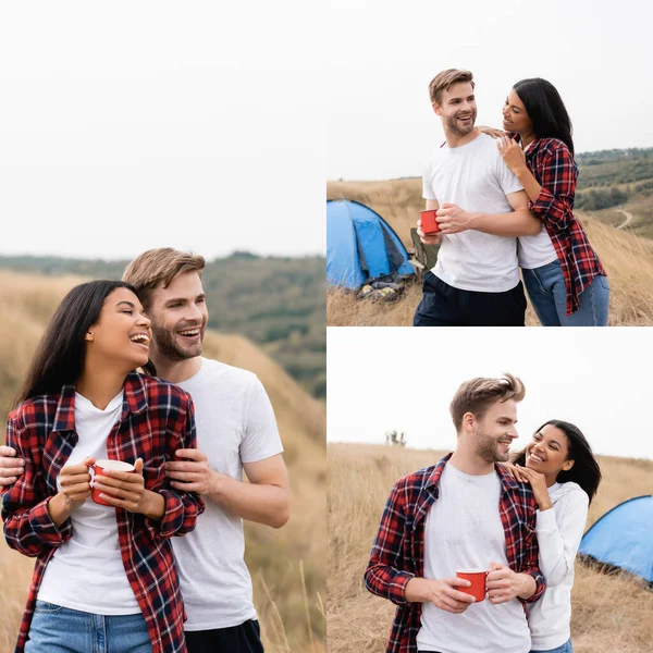 Коллаж веселой межрасовой пары с чашечкой объятий с палаткой на лужайке на заднем плане — стоковое фото
