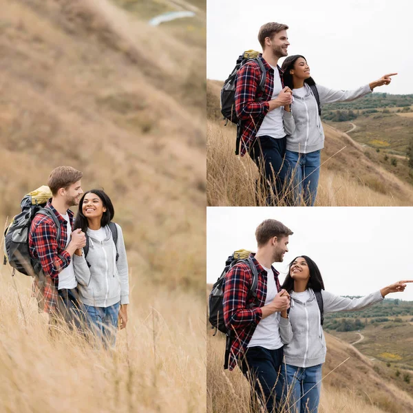 Colagem de caminhante afro-americano sorridente apontando com o dedo perto do namorado na colina gramada — Fotografia de Stock