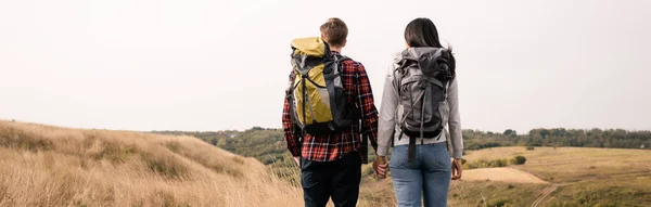 Vista trasera de una pareja multiétnica con mochilas cogidas de la mano mientras caminan al aire libre, pancarta - foto de stock