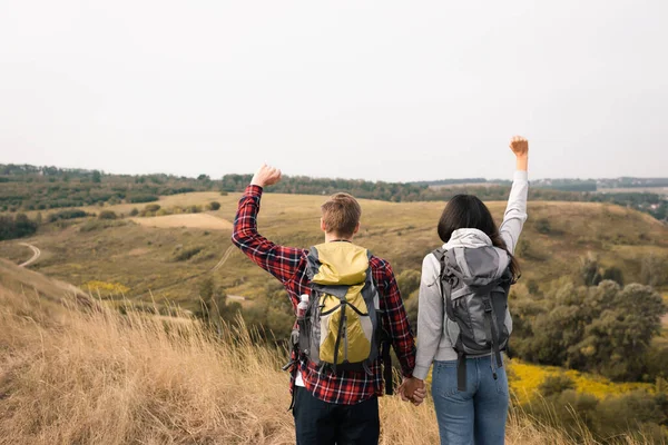 Vista posterior de una pareja multiétnica de excursionistas que muestran un gesto de sí mientras se toman de la mano con un paisaje herboso sobre un fondo borroso - foto de stock