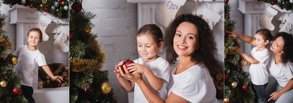 Коллаж дочери и матери возле праздничной сосны и камина дома — стоковое фото