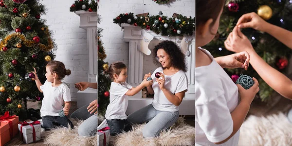 Colagem de mãe e filha decorando pinho perto de presentes e lareira — Fotografia de Stock
