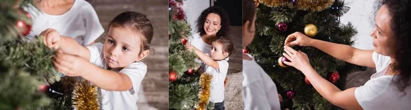 Collage von Tochter und Mutter dekoriert Tanne mit Weihnachtskugeln zu Hause — Stockfoto