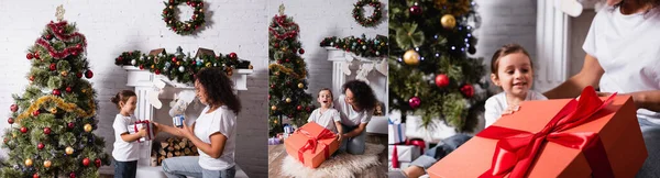 Collage der Tochter mit großer Geschenkbox in der Nähe der Mutter und dekorierter Kiefer zu Hause — Stockfoto