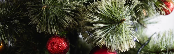 Panoramaaufnahme von Tannenzweigen mit roten Weihnachtskugeln — Stockfoto