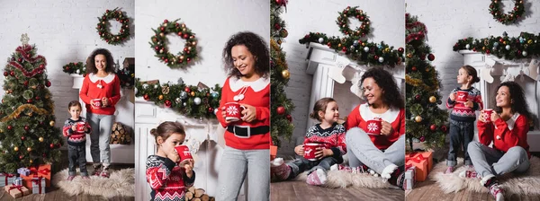 Collage of mother and daughter standing near pine, holding cups, looking away — Stock Photo