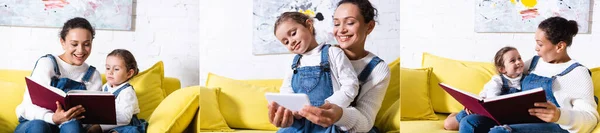 Collage of mother and daughter reading book and taking selfie on couch at home — Stock Photo