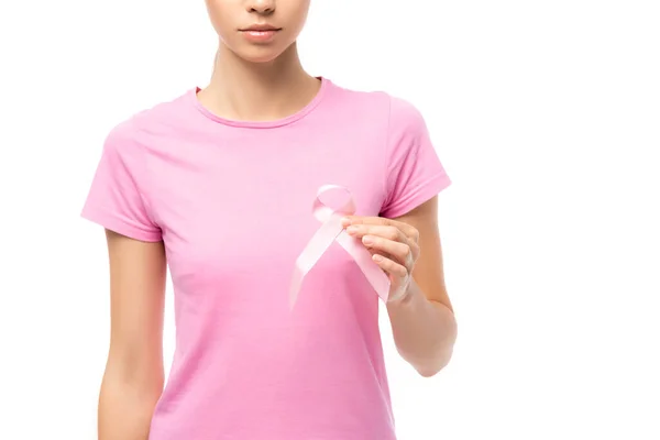 Cropped view of young woman holding pink ribbon isolated on white — Stock Photo