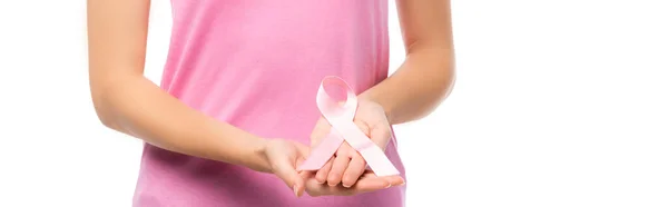 En-tête de site Web de la femme montrant ruban rose isolé sur blanc, concept de cancer du sein — Photo de stock
