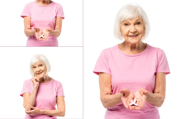 Колаж старшої жінки в рожевій футболці, що тримає стрічку обізнаності про рак молочної залози ізольовано на білому — стокове фото