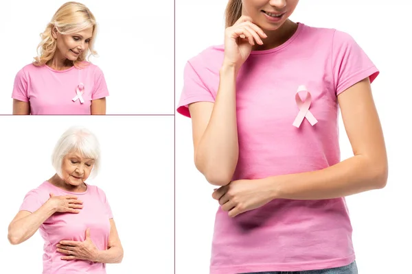 Collage de mujeres con cinta rosa de conciencia de cáncer de mama en camisetas aisladas en blanco - foto de stock