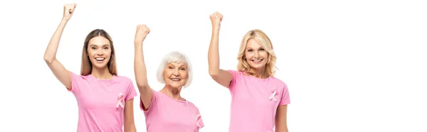 Sito web intestazione di donne con nastri rosa di consapevolezza cancro al seno mostrando sì isolato su bianco — Foto stock