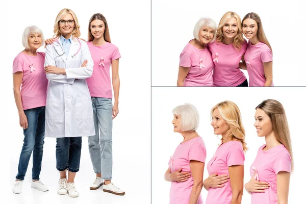 Зв'язок жінок з рожевими стрічками на футболках стоїть поруч з лікарем на білому тлі — стокове фото