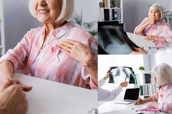 Колаж старшої жінки з рожевою стрічкою, дивиться на рентген грудей з лікарем — стокове фото