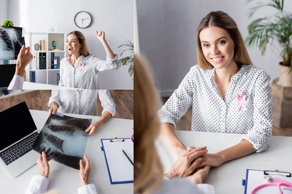 Collage des Patienten mit Ja-Geste, Händchenhalten mit Arzt, Betrachten des Röntgenbildes — Stockfoto