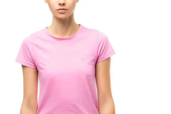 Cropped view of young adult woman in pink t-shirt isolated on white — Stock Photo