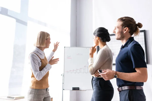 Multicultural office workers looking at businesswoman gesturing while standing near flipchart with graphic during meeting — Stock Photo