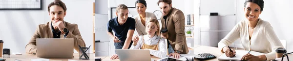 Collage von multikulturellen Geschäftsleuten, die auf Laptop schauen, während sie hinter Kollegen stehen, Mann mit Computer und Frau, die auf Notizbuch schreiben, Banner — Stockfoto