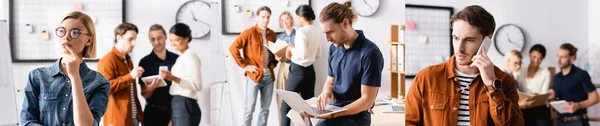 Collage of young multicultural businesspeople working together in open space office, banner — Stock Photo