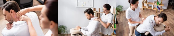 Collage of masseuse doing seated massage of businessman in office, banner — Stock Photo