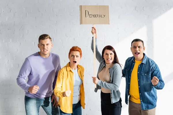 Mujer agresiva sosteniendo pancarta con inscripción de democracia cerca de personas multiculturales gritando - foto de stock