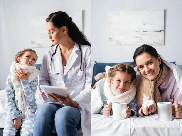 Collage de sonriente madre e hija acostadas con tazas de té caliente, y pediatra sentado cerca de niña enferma - foto de stock