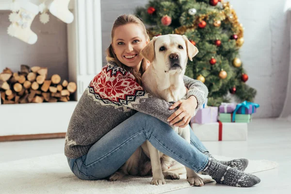 Happy woman in sweater sitting on floor with labrador near decorated christmas tree — Stock Photo